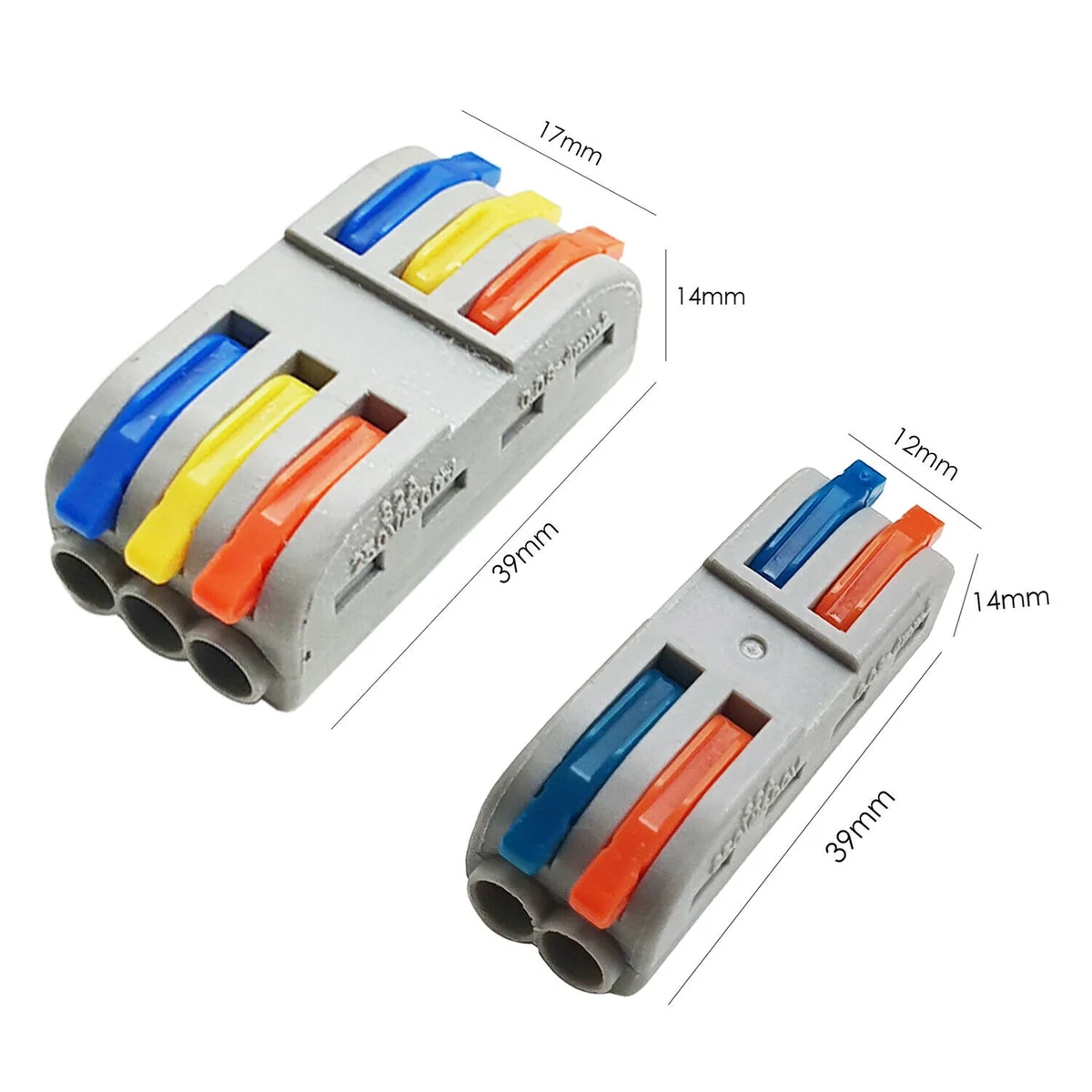Two 2/3 way electrical wire connectors in nylon with lever clamps for reusable cable connections, shown from side angle