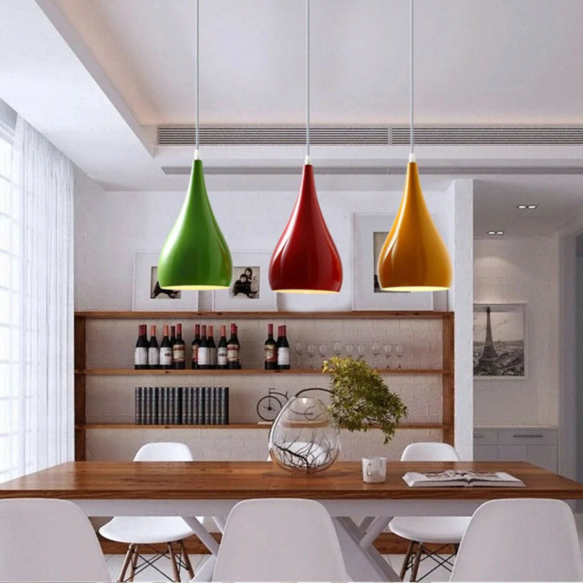 Yellow vintage pendant ceiling light with teardrop metal shade and 95cm cable for adjustable hanging