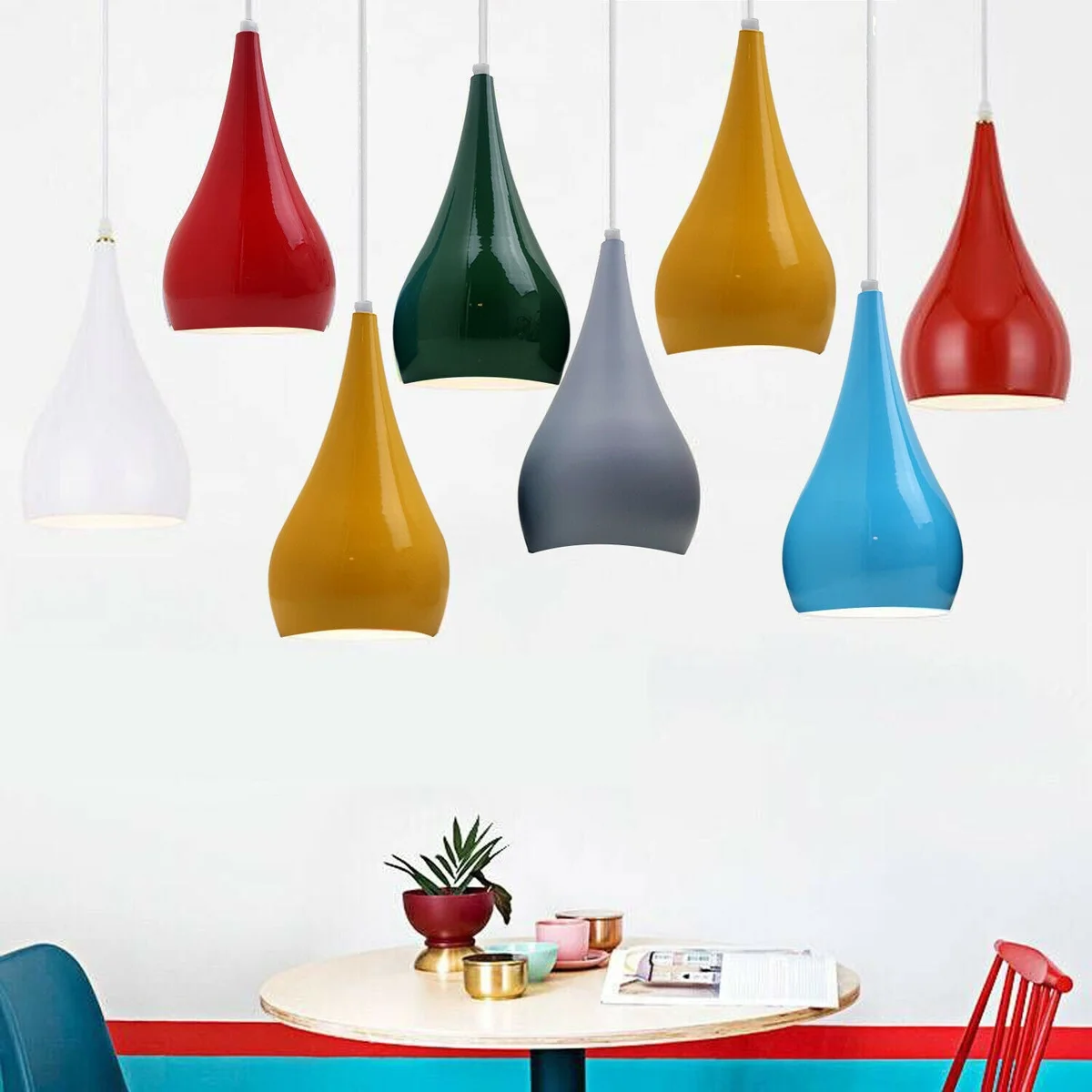 Vintage teardrop pendant lamp for kitchen with yellow iron shade and 95cm cable, adjustable E27 holder, retro style