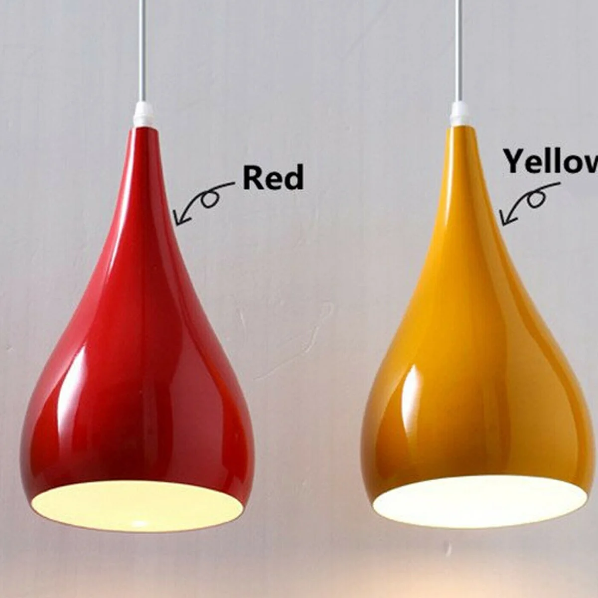 Vintage pendant ceiling light with yellow teardrop metal shade and 95cm cable, retro country style design