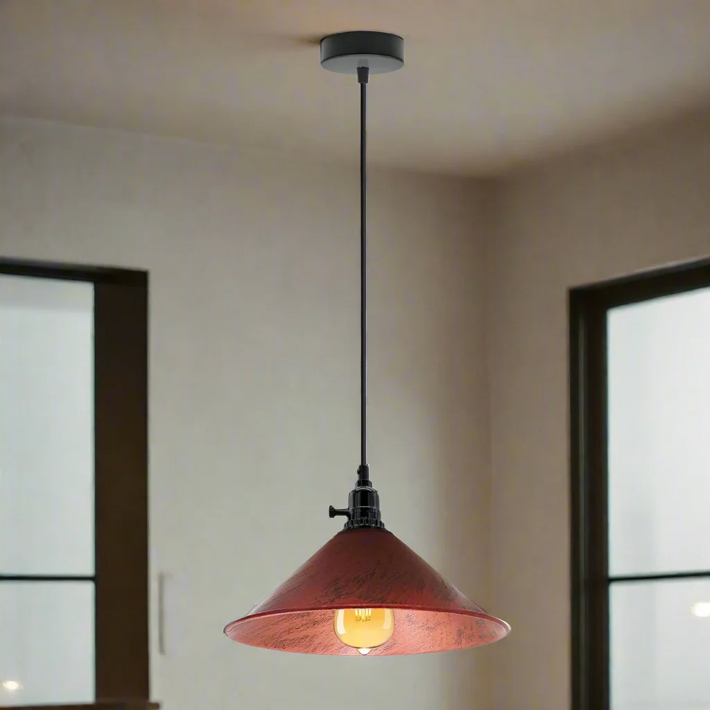 Red vintage industrial metal ceiling pendant shade with angled hood and E27 bulb, hanging from a ceiling fixture