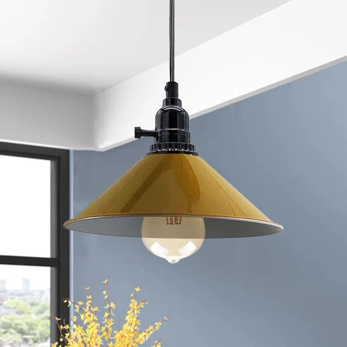 Adjustable ceiling pendant with vintage industrial metal shade in brushed copper finish hanging from ceiling plate