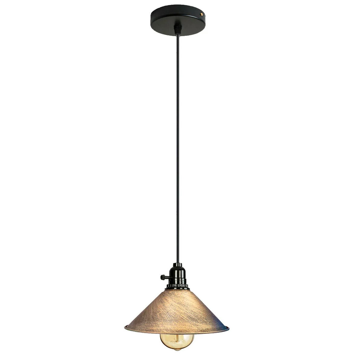 Red vintage industrial metal ceiling pendant shade with angled hood and E27 bulb, shown hanging over a kitchen island