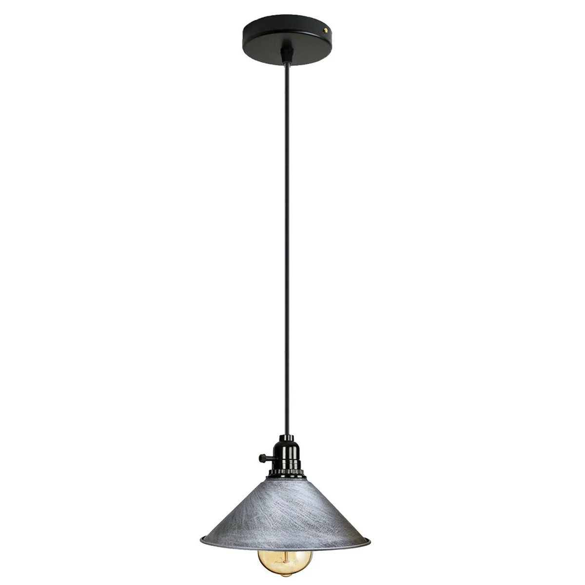 Red industrial metal ceiling pendant shade with adjustable hood and E27 bulb, hanging from a ceiling plate