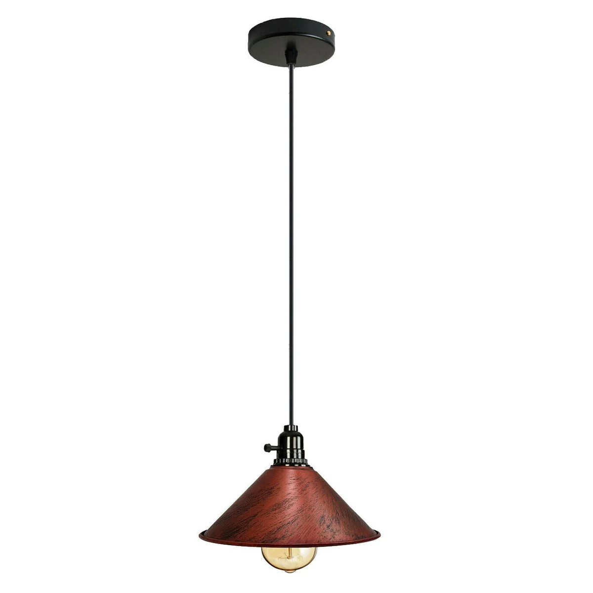 Red industrial metal ceiling pendant with angled hood and white interior, hanging light for sloped ceilings, E27 bulb included