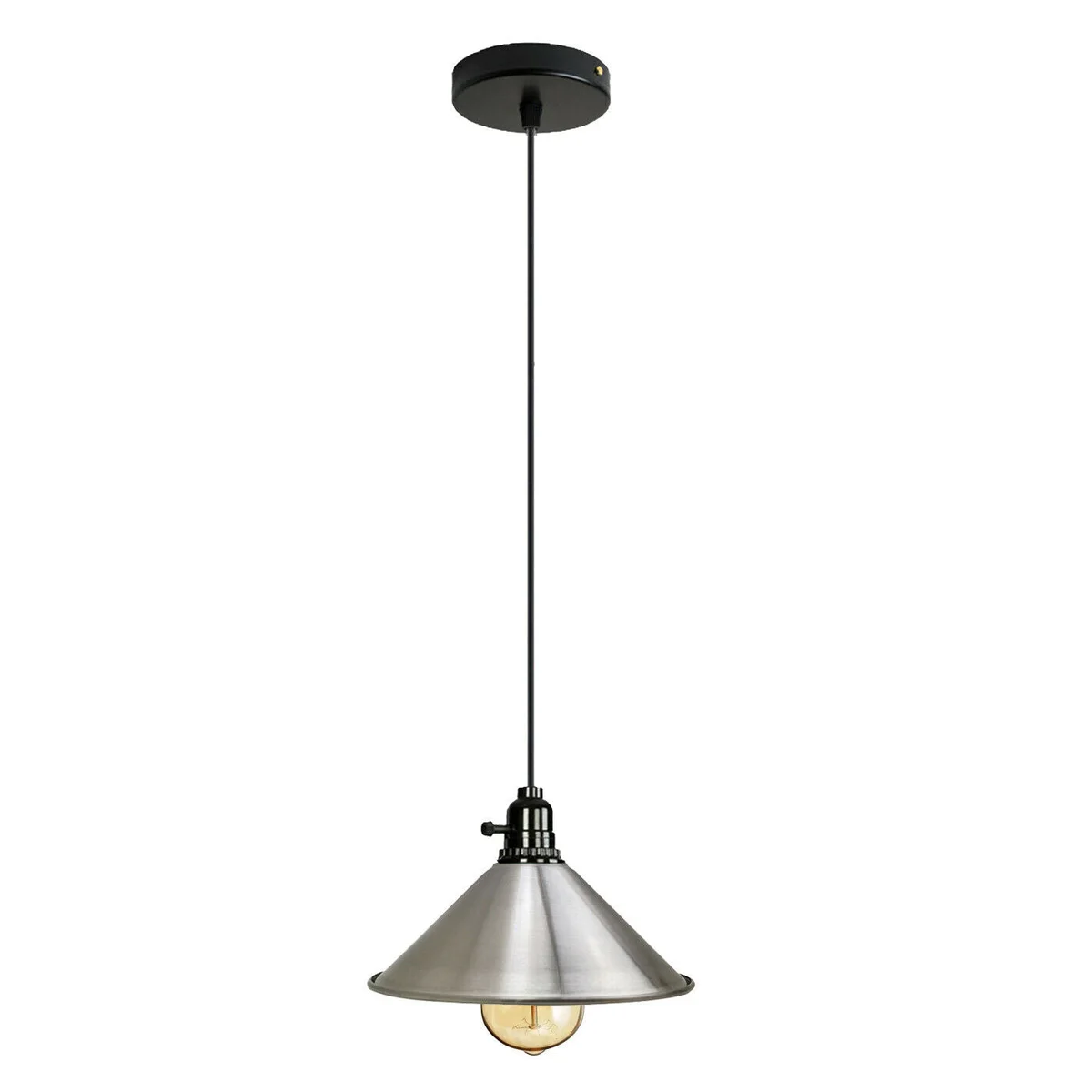 Red vintage industrial metal ceiling pendant shade with angled hood and E27 bulb, hanging from ceiling plate