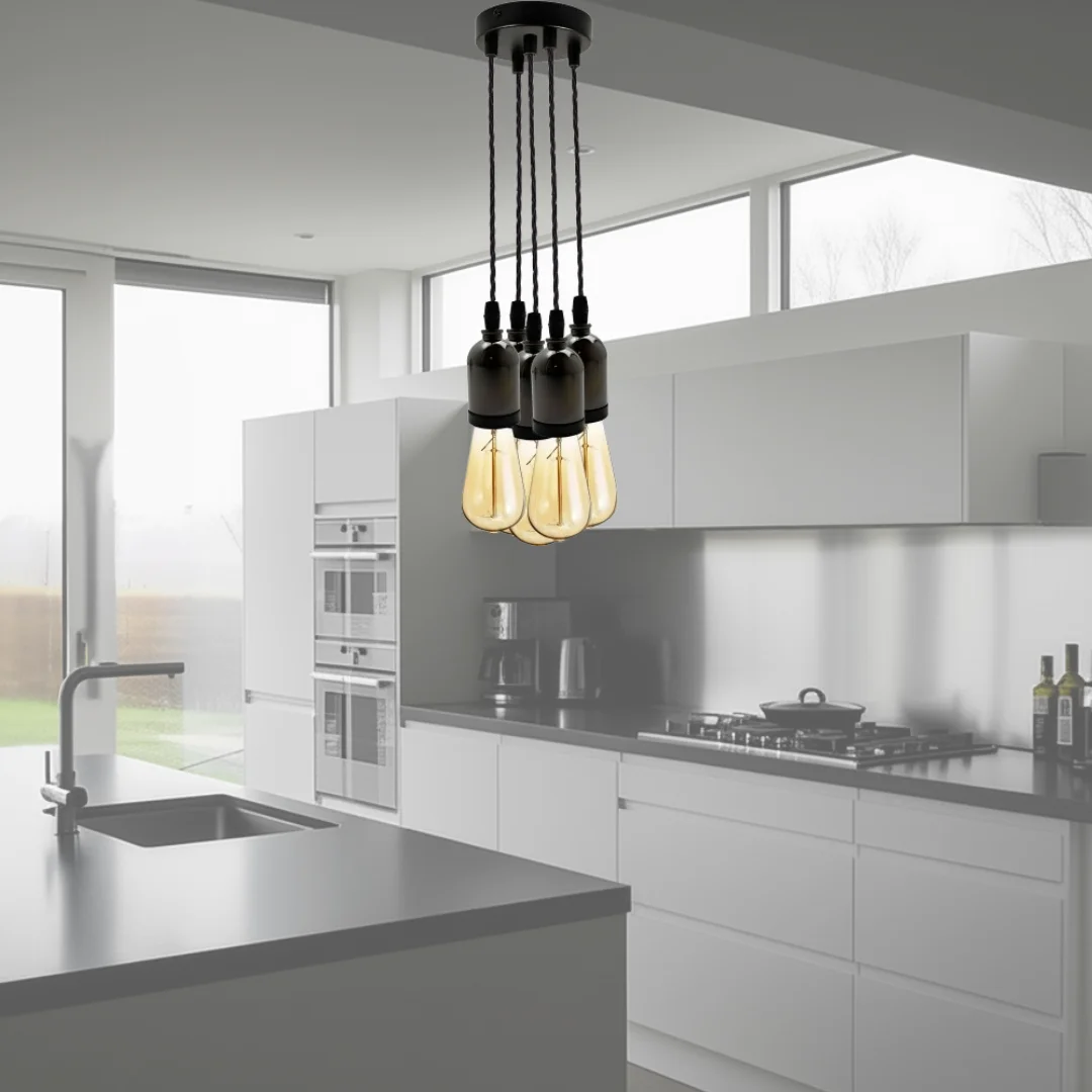 Black metal hanging light with vintage E27 socket, black twisted cord, and round ceiling rose for indoor use
