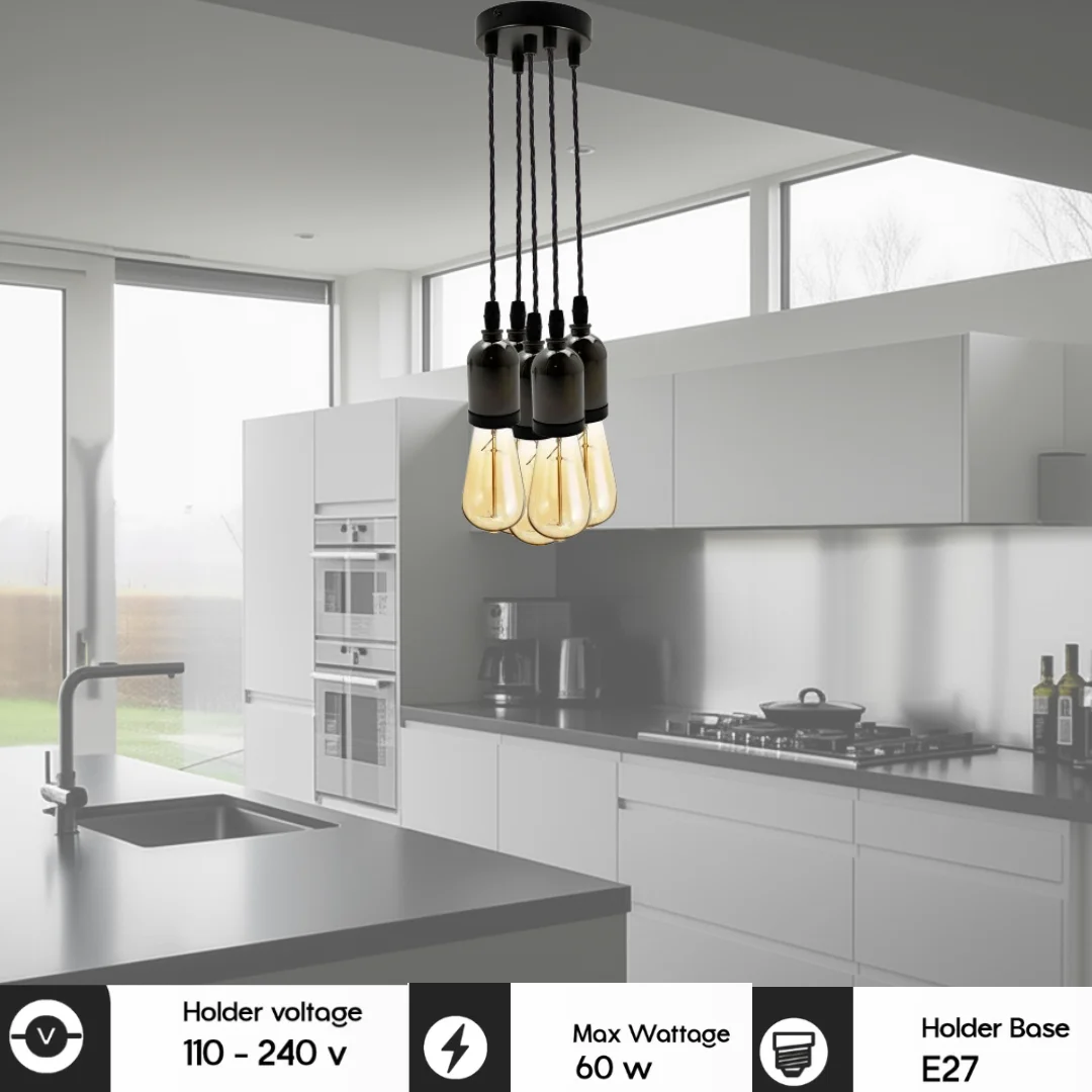 Black metal vintage hardwired ceiling light with E27 sockets and twisted black fabric cords hanging in industrial style