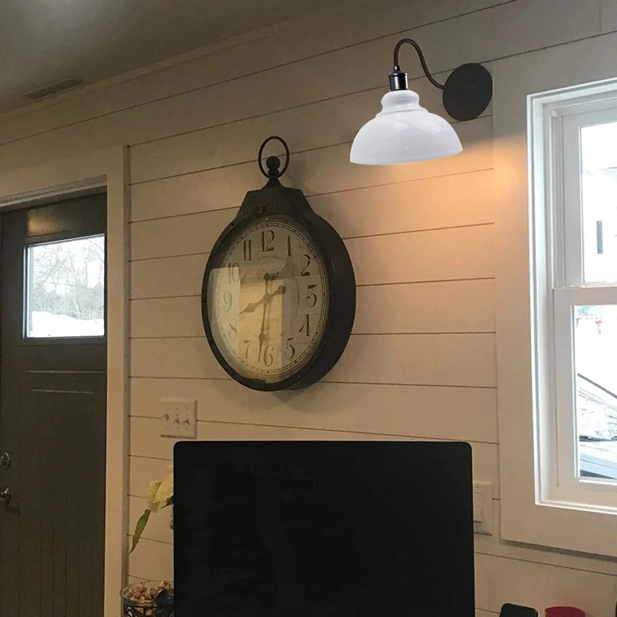 Vintage industrial wall light with white cone shade, matte finish, and adjustable arm mounted on a round ceiling plate