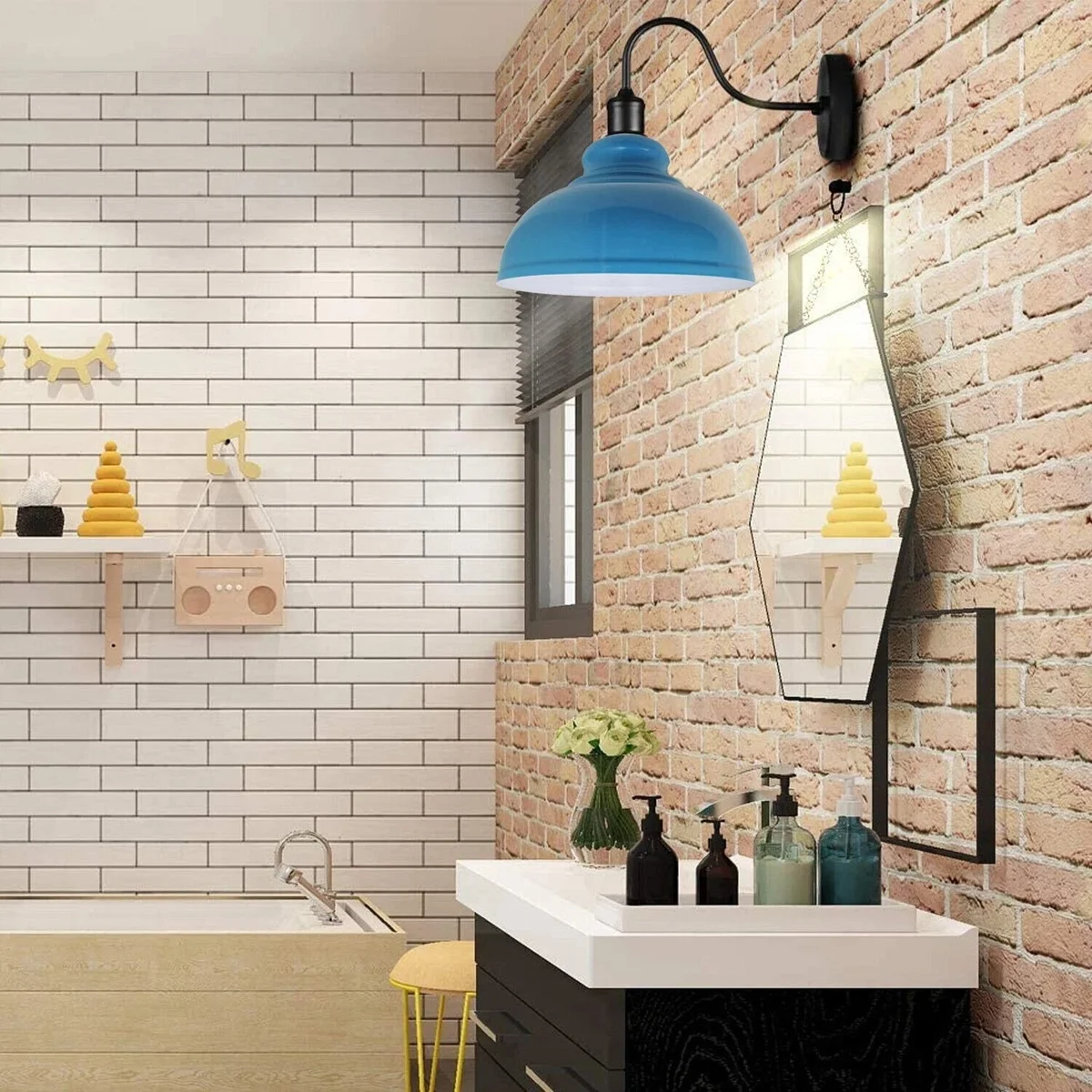 White vintage industrial pendant lamp with cone shade mounted on wall, showing sleek matte finish and arm details