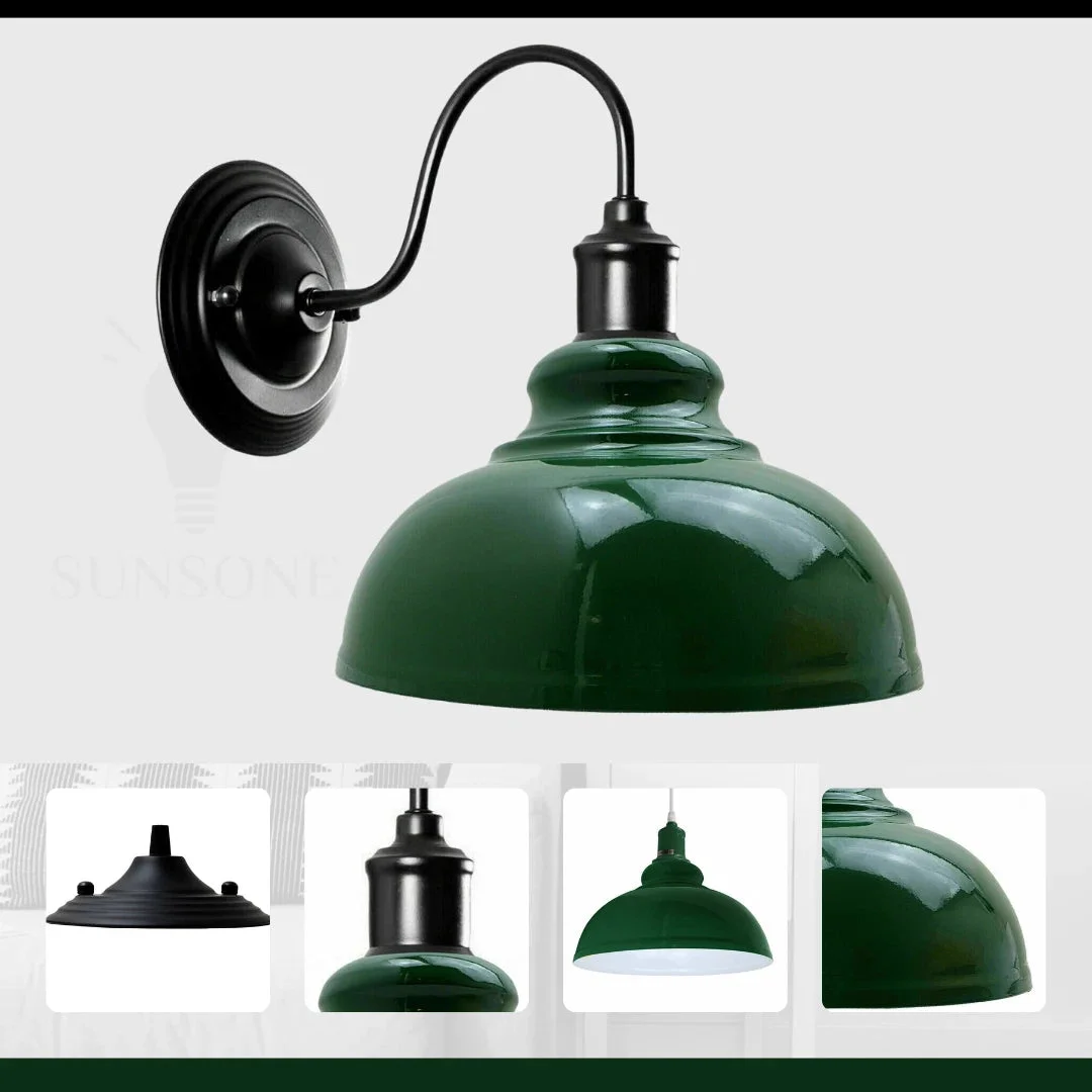 White vintage industrial wall light with cone shade, metal arm, modern vintage lighting for home or cafe decor