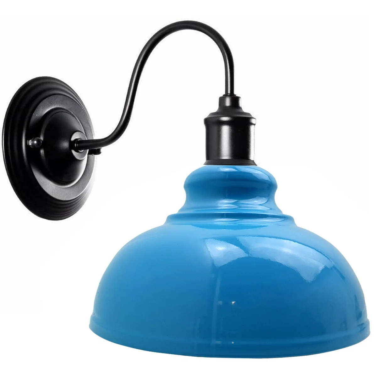 Vintage industrial wall light in white with cone-shaped shade, mounted on iron arm, showing E27 bulb socket detail