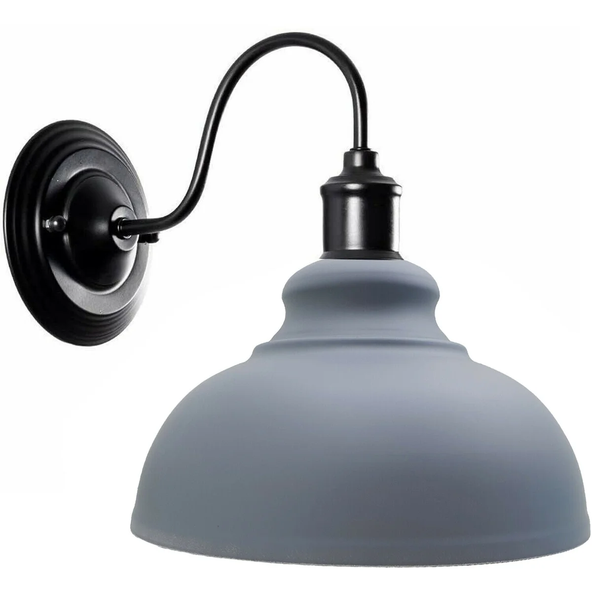 Vintage industrial wall light with white cone shade, metal arm, and ceiling plate, showing side profile and mounting details
