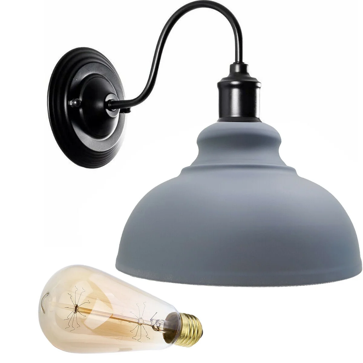 White vintage industrial wall light with cone shade, mounted on a metal arm, E27 bulb base visible