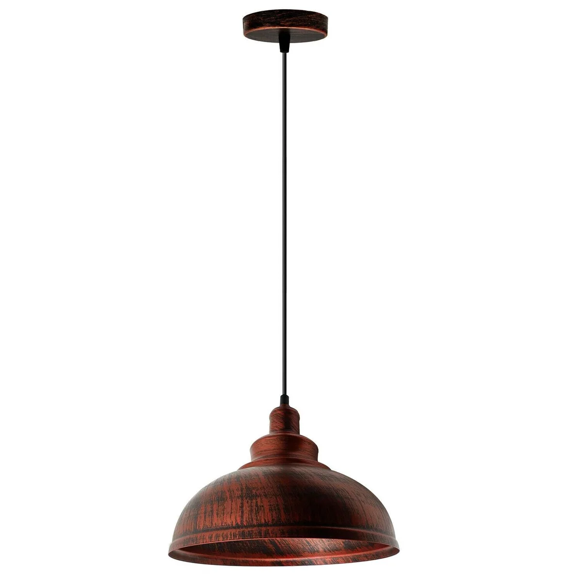 Rustic red retro pendant lamp with metal cage lampshade suspended from ceiling with adjustable cable and ceiling rose