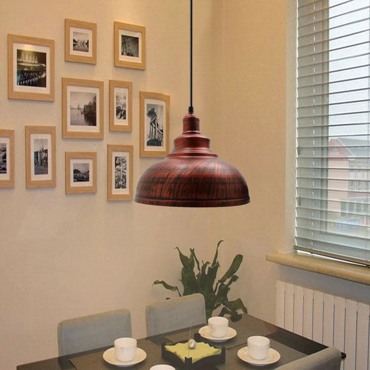 Rustic red vintage industrial metal ceiling light with cage design, suspended by adjustable 95cm cable and ceiling rose