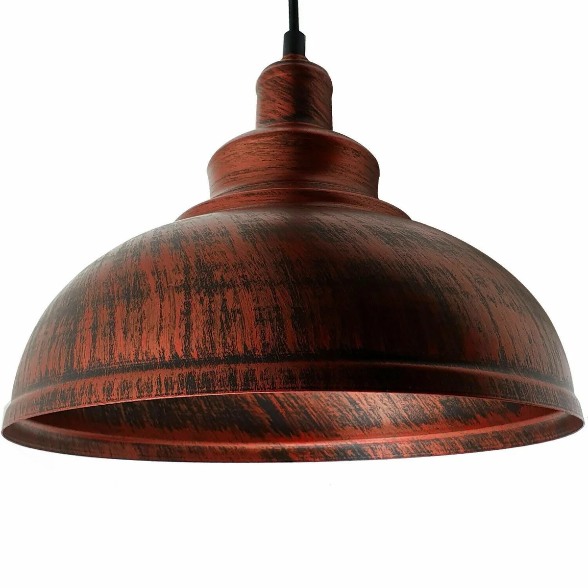Rustic red vintage style pendant light with metal cage lampshade hanging from ceiling, ideal for industrial decor