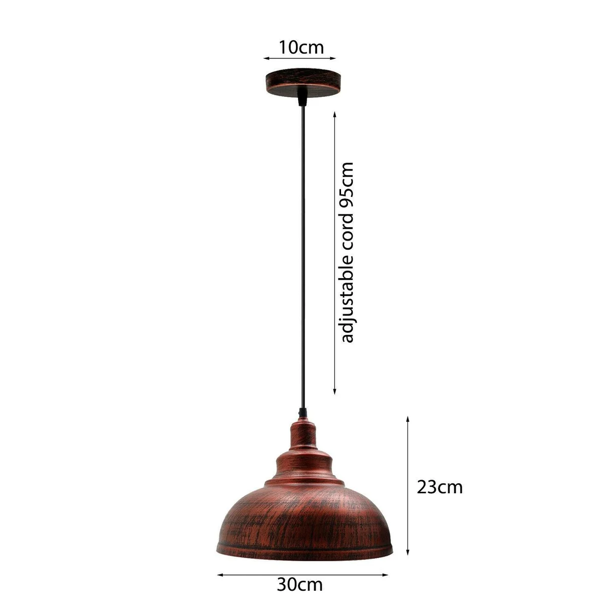 Rustic red vintage industrial metal lampshade with E27 bulb pendant suspended from ceiling cable and rose fitting
