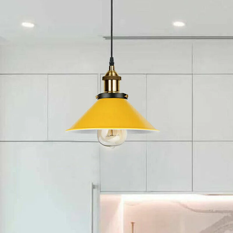 Red vintage ceiling pendant light with E27 bulb holder and metal lampshade hanging from ceiling wire