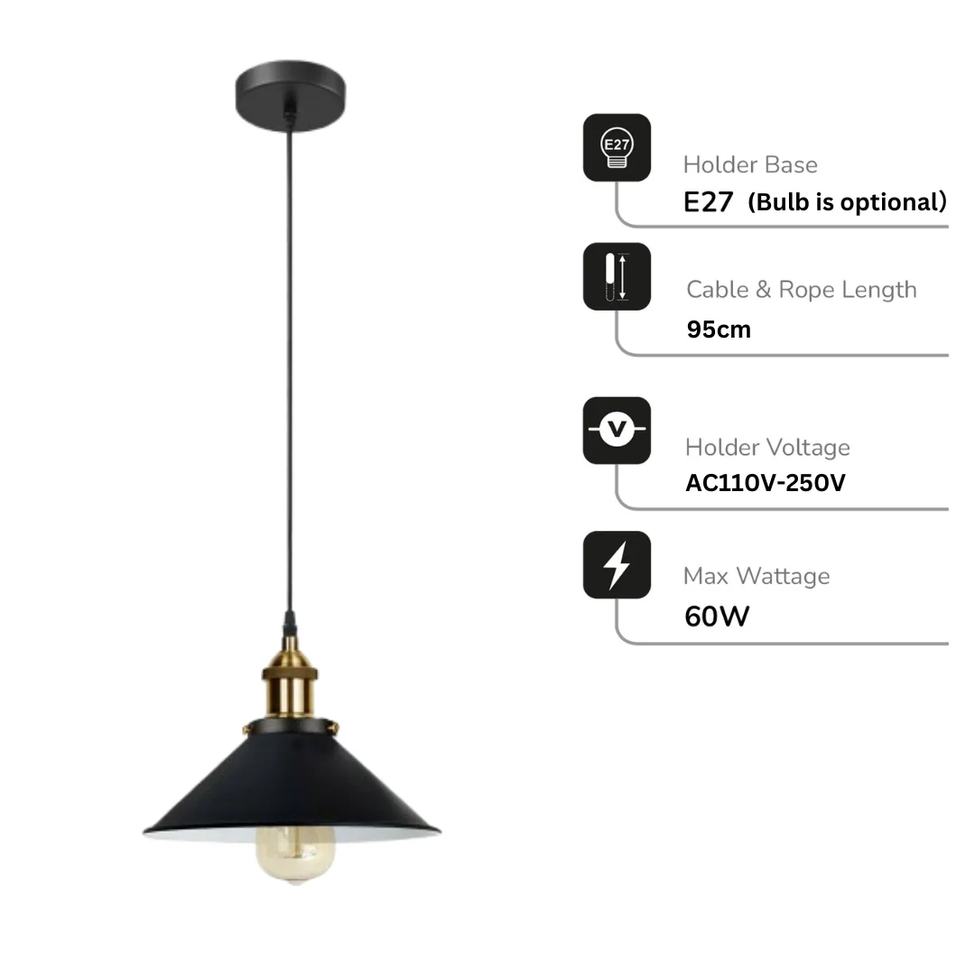 Red metal pendant lampshade with E27 bulb holder and 95cm wire hanging from ceiling plate, industrial style lighting fixture