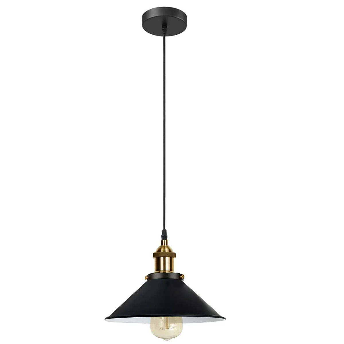 Vintage ceiling pendant light with red metal lampshade and E27 bulb holder hanging from ceiling wire
