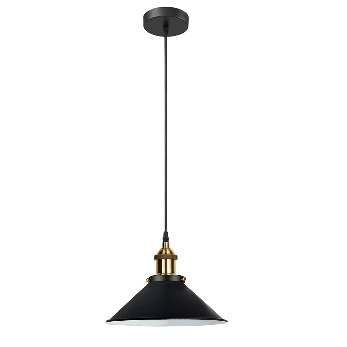 Vintage ceiling pendant light with red metal lampshade and E27 bulb holder hanging from ceiling wire