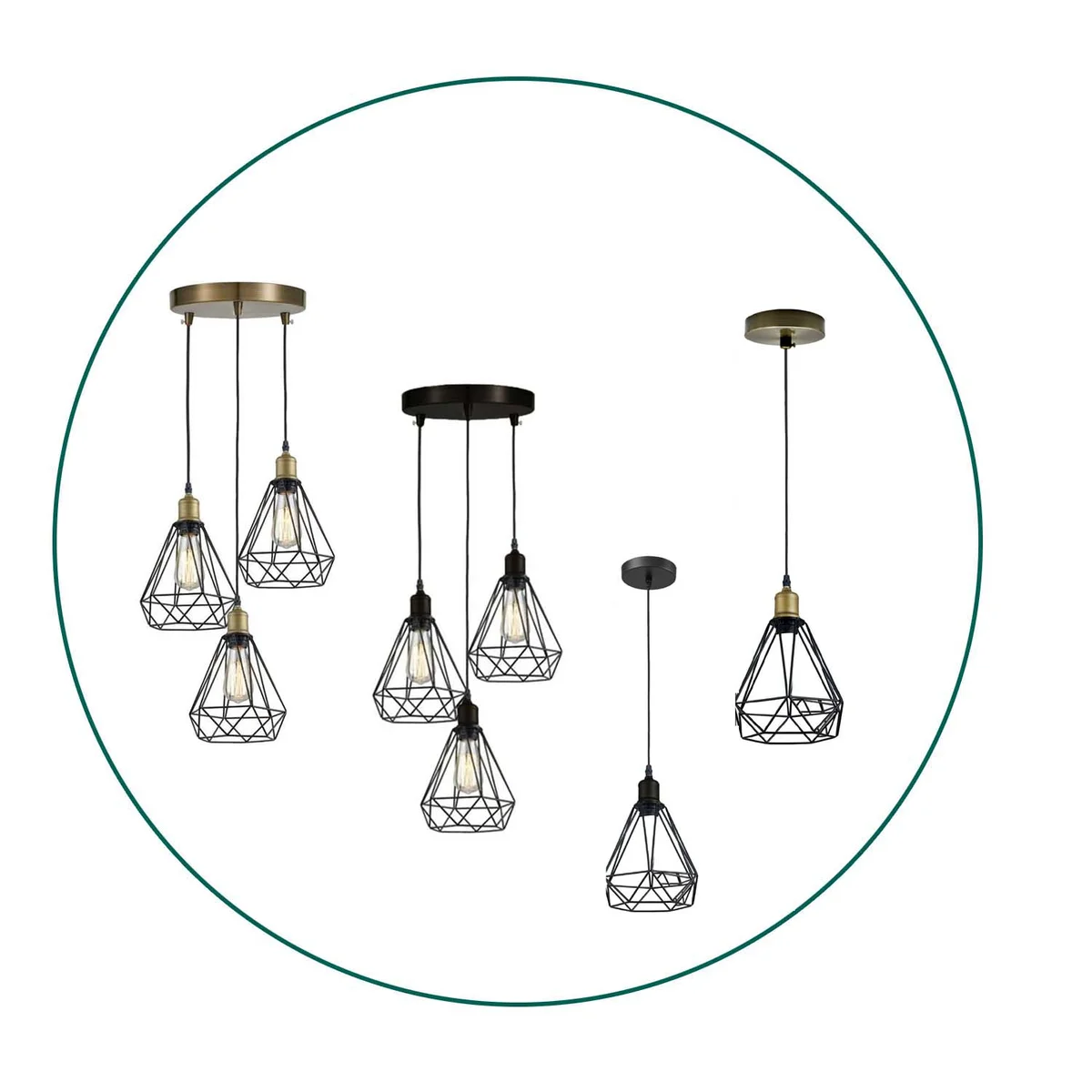 Black and green brass 3 head ceiling light with industrial geometric metal cage shades hanging from adjustable cords