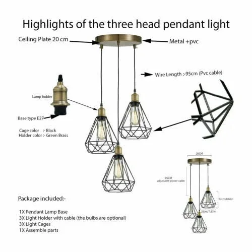 Three-head industrial metal pendant lighting with geometric cage shades in black and green brass finish hanging from ceiling mount