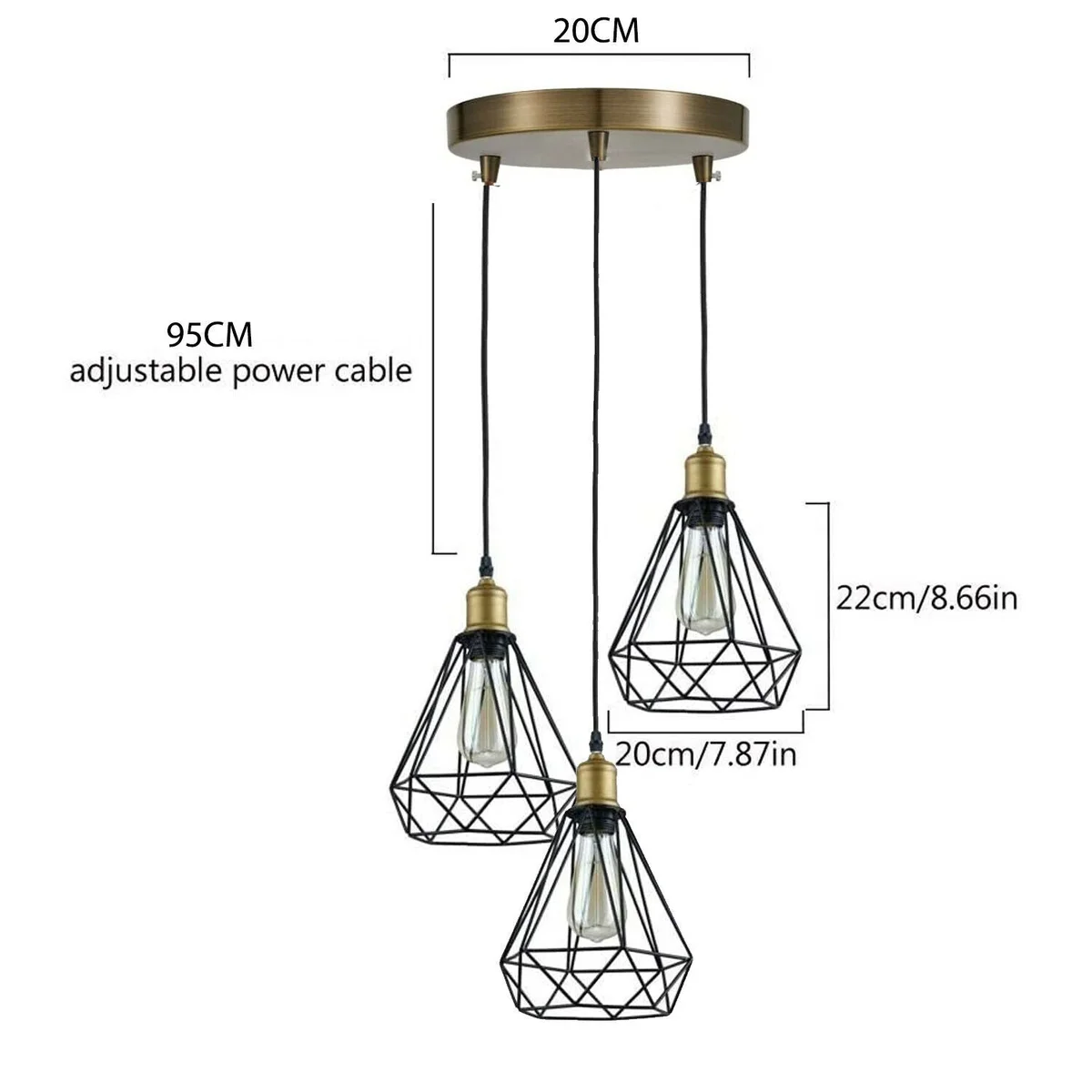 Three black metal geometric lampshades hanging from adjustable cord pendant on a central ceiling mount in industrial style