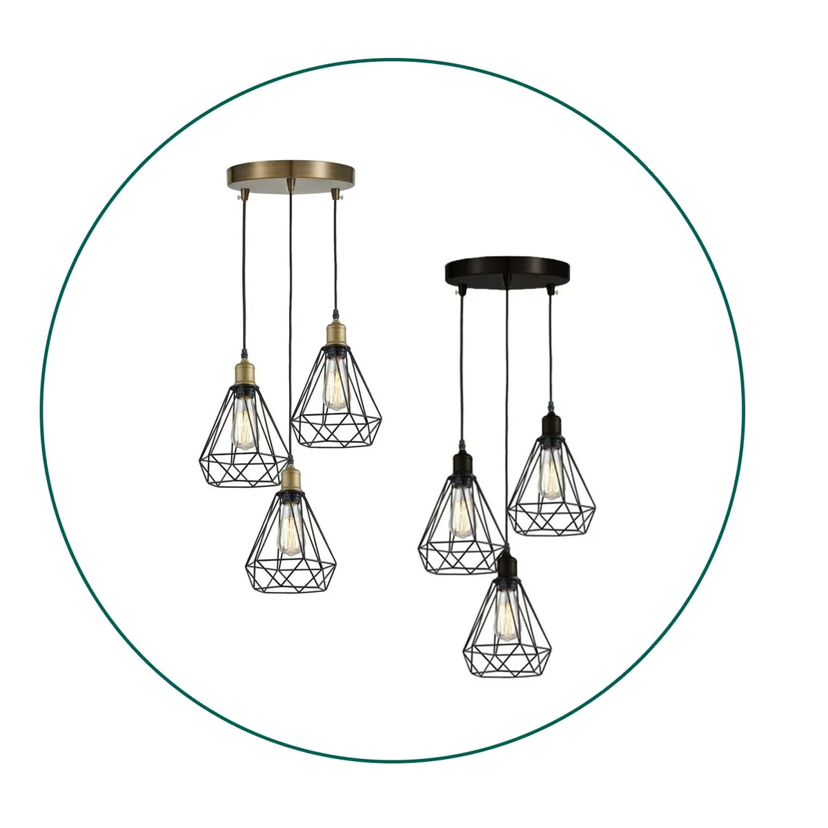 Three-head vintage industrial light pendant with black metal geometric cages hanging from adjustable cords