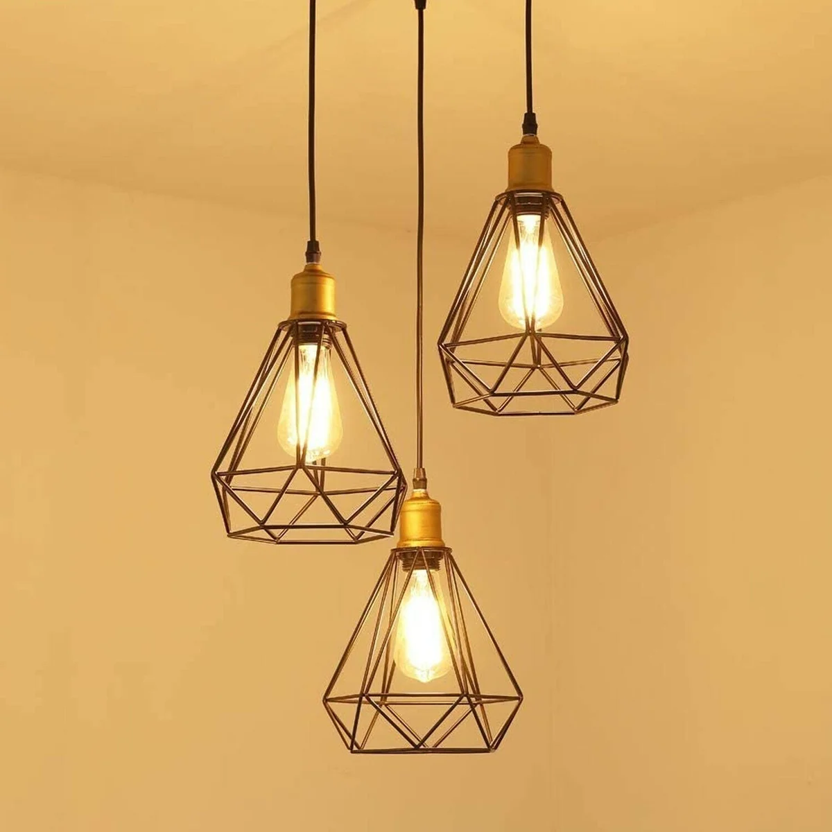 Vintage industrial 3-head geometric cage pendant light in black metal, designed for E27 bulb pendant use, hanging fixture