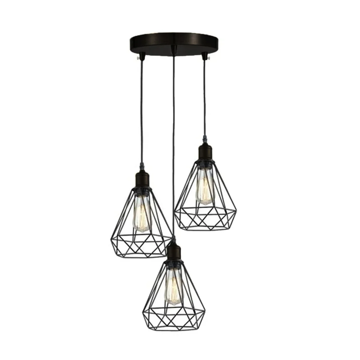 Three-head industrial cage pendant light with black metal geometric cages and adjustable cords hanging from ceiling mount