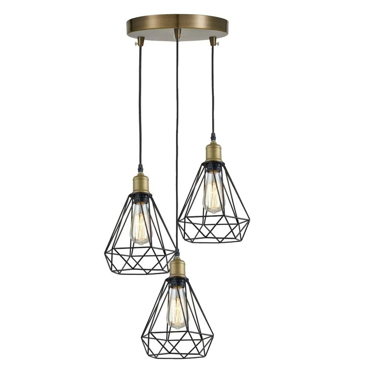 Three-head industrial cage pendant light with black metal geometric cages hanging from ceiling mount on adjustable cords