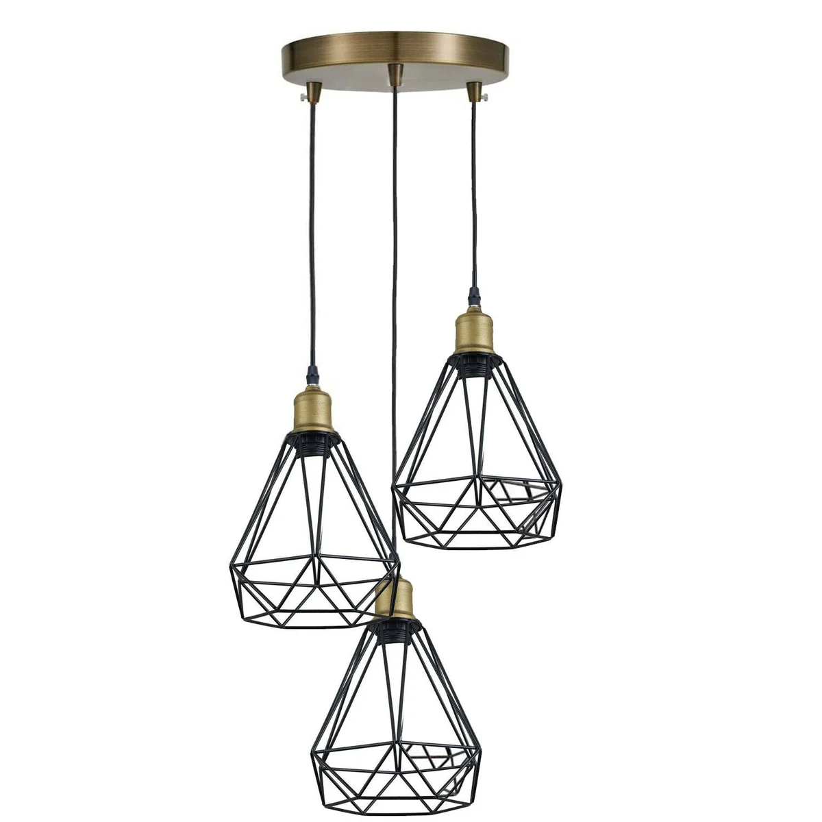 Three-head industrial cage pendant light with black metal geometric cages hanging from adjustable cords on ceiling mount