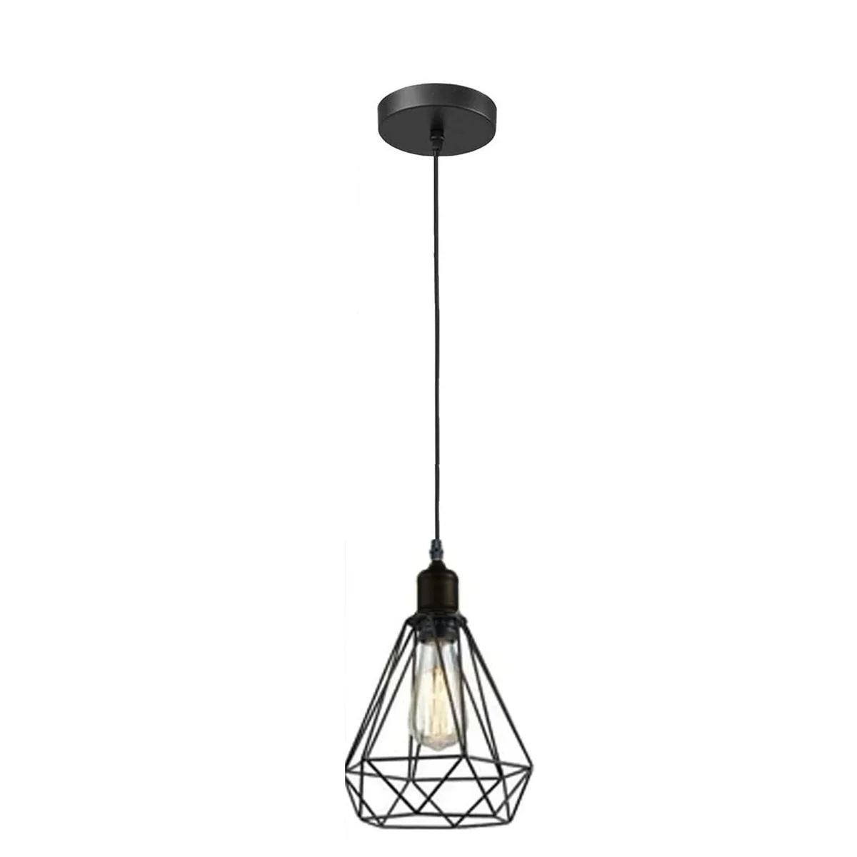 Three-head industrial cage pendant light with black metal geometric cages and adjustable cords hanging from ceiling mount