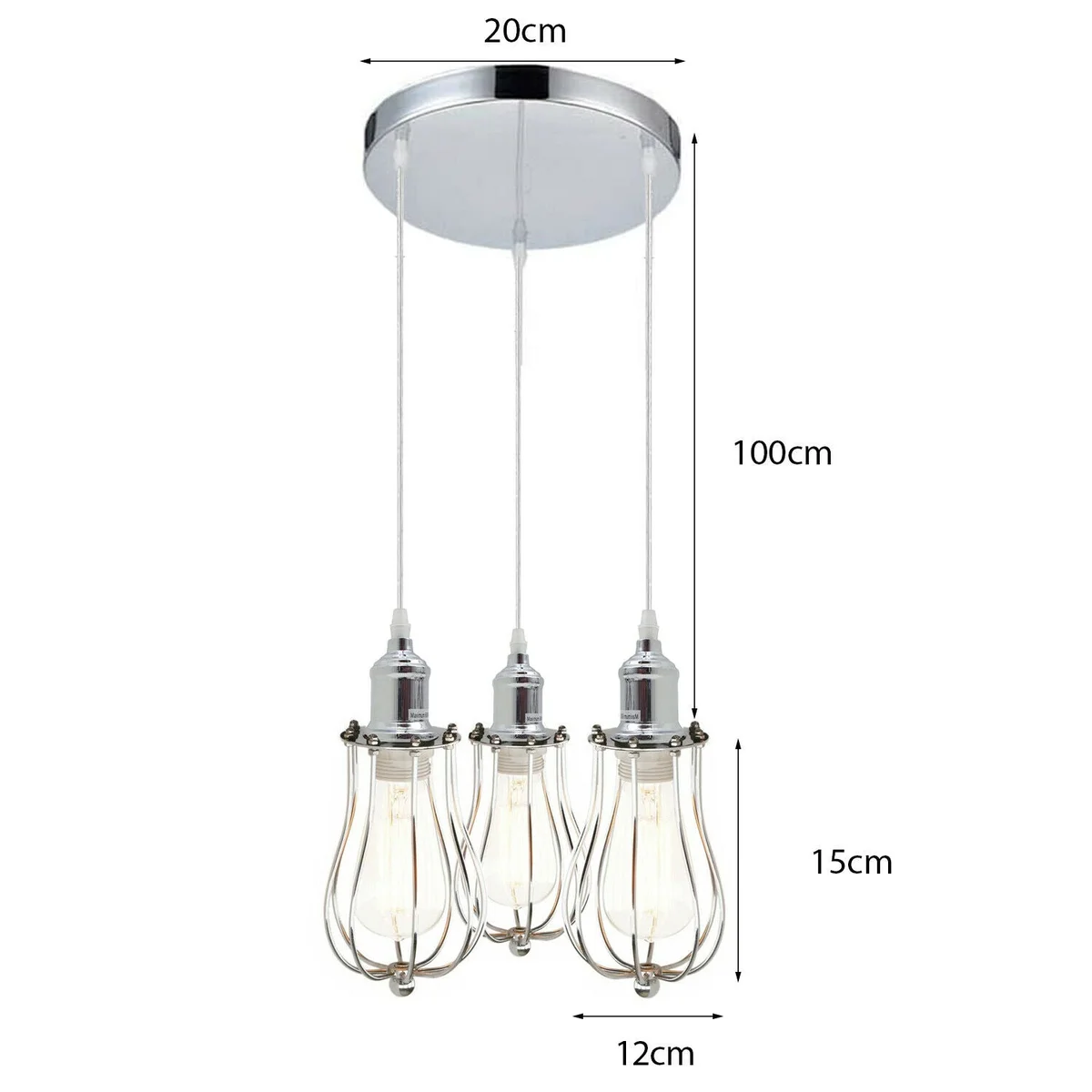 Modern pendant light fitting with three chrome metal cages and hanging cables, designed for E27 bulbs and ceiling mounting