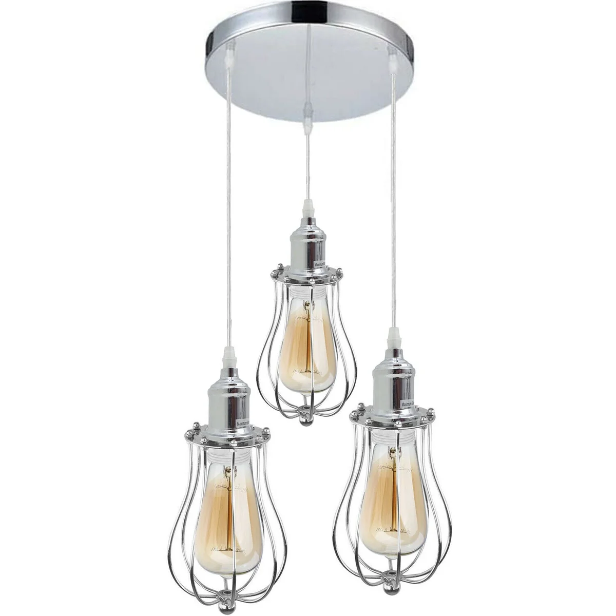 3 head ceiling chandelier with modern chrome finish, three light cages, and adjustable PVC cables hanging from ceiling plate