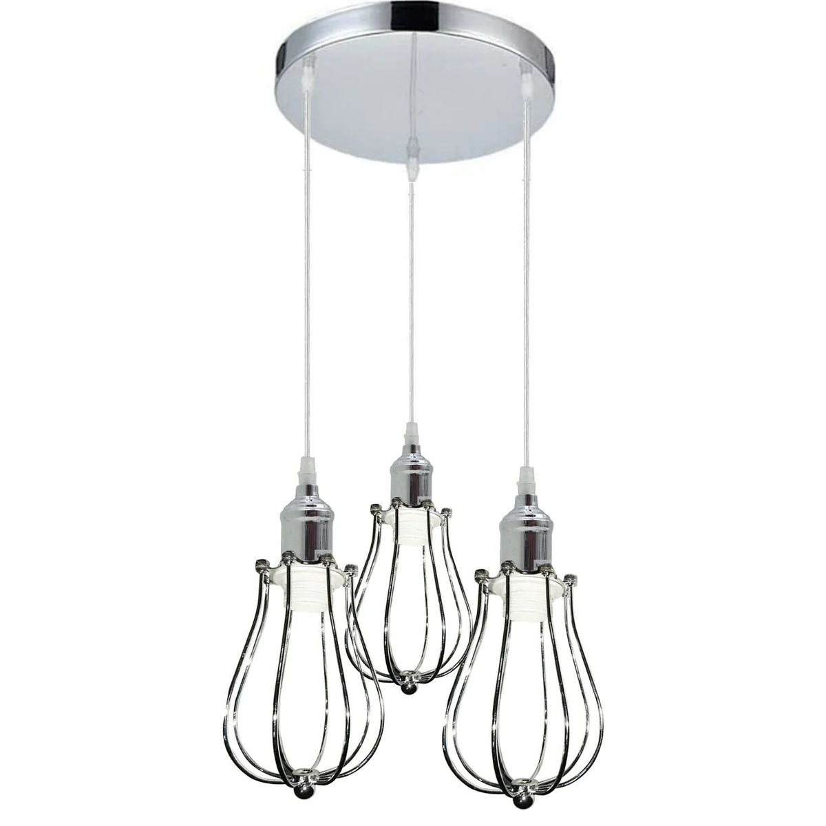 Modern chrome 3 head ceiling pendant light with E27 bulb pendant light holders and metal wire cages hanging from ceiling plate