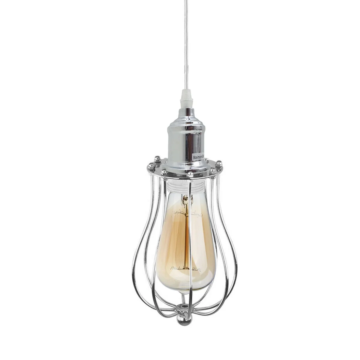 Three-head modern chrome metal and PVC pendant lamp hanging with exposed light cages and cables against white background