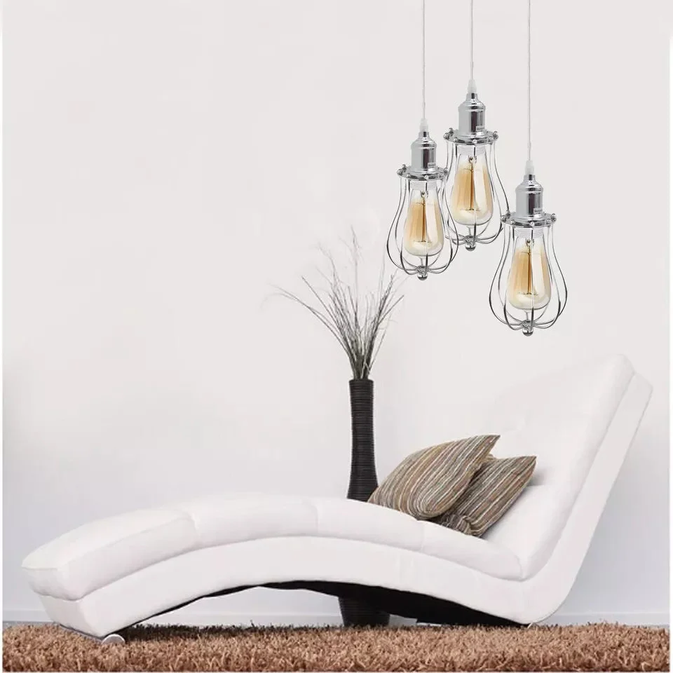 Three head chrome hanging light fixture with metal cages and PVC cables, modern ceiling pendant chandelier design