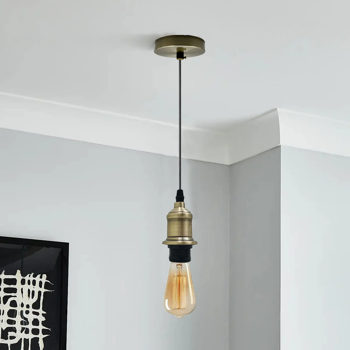 Vintage pendant light with polished rustic E27 bulb holder and black cord, ceiling rose included for pendant installation