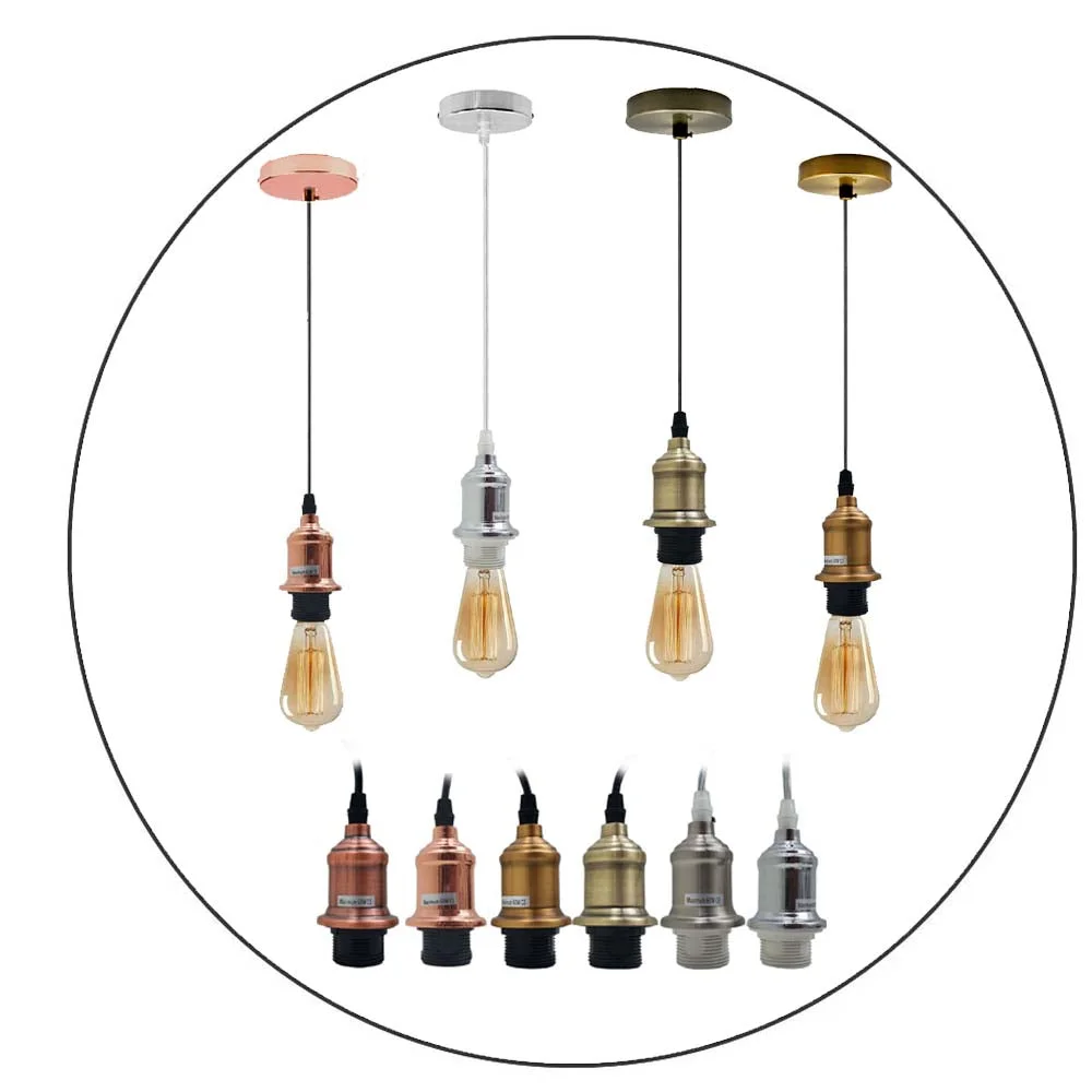 Vintage industrial E27 bulb holder with polished rustic finish, black cord, and ceiling rose for pendant lighting installation