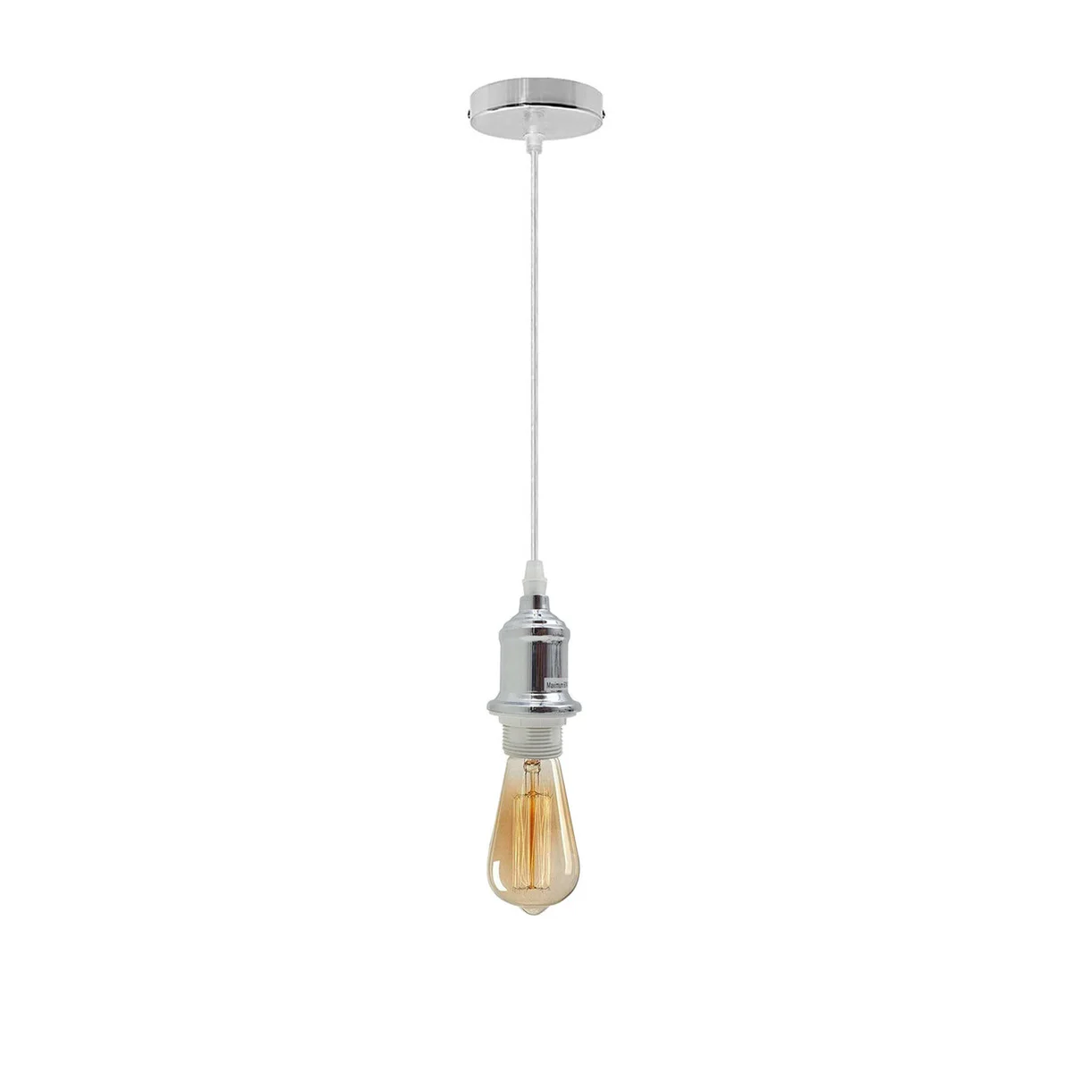 Vintage industrial pendant lamp with polished E27 bulb holder and 95cm black cord, ceiling rose included