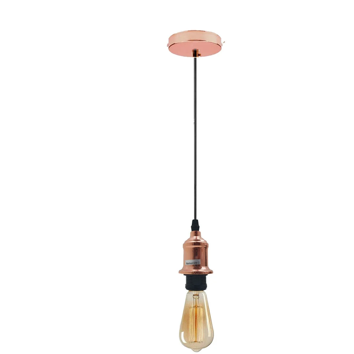 Vintage industrial style ceiling rose light fitting with polished E27 bulb holder and 95cm black cord hanging straight down