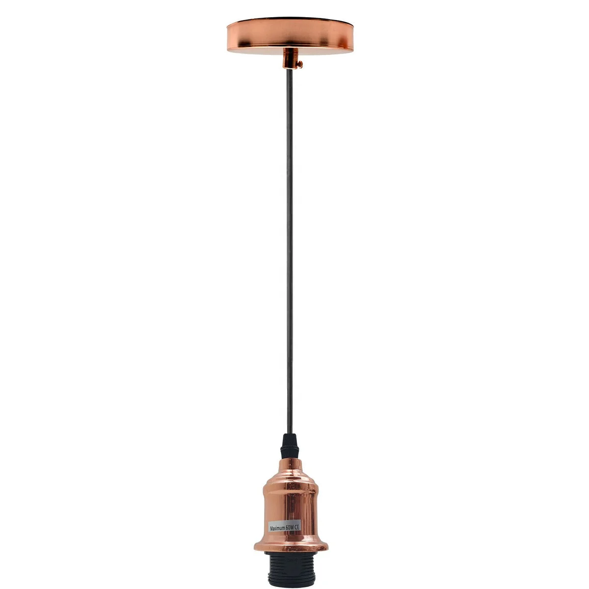 Vintage industrial style incandescent bulb pendant with polished E27 bulb holder and black 95cm cord hanging from ceiling rose