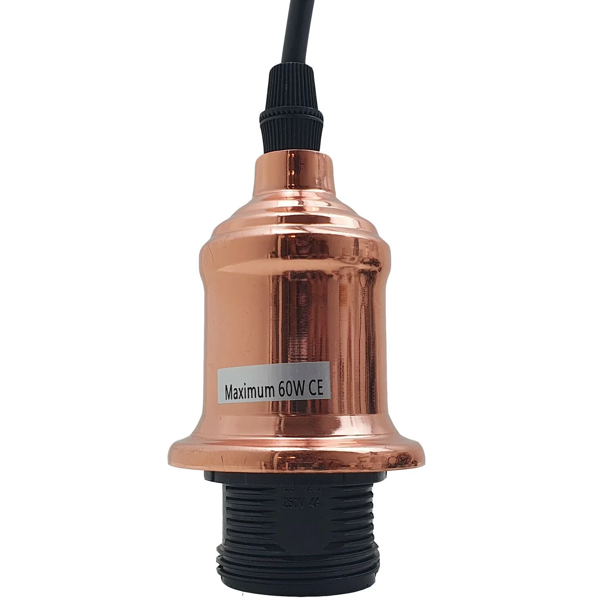 Vintage pendant light with polished E27 bulb holder, black cord, and ceiling rose for industrial style lighting setup
