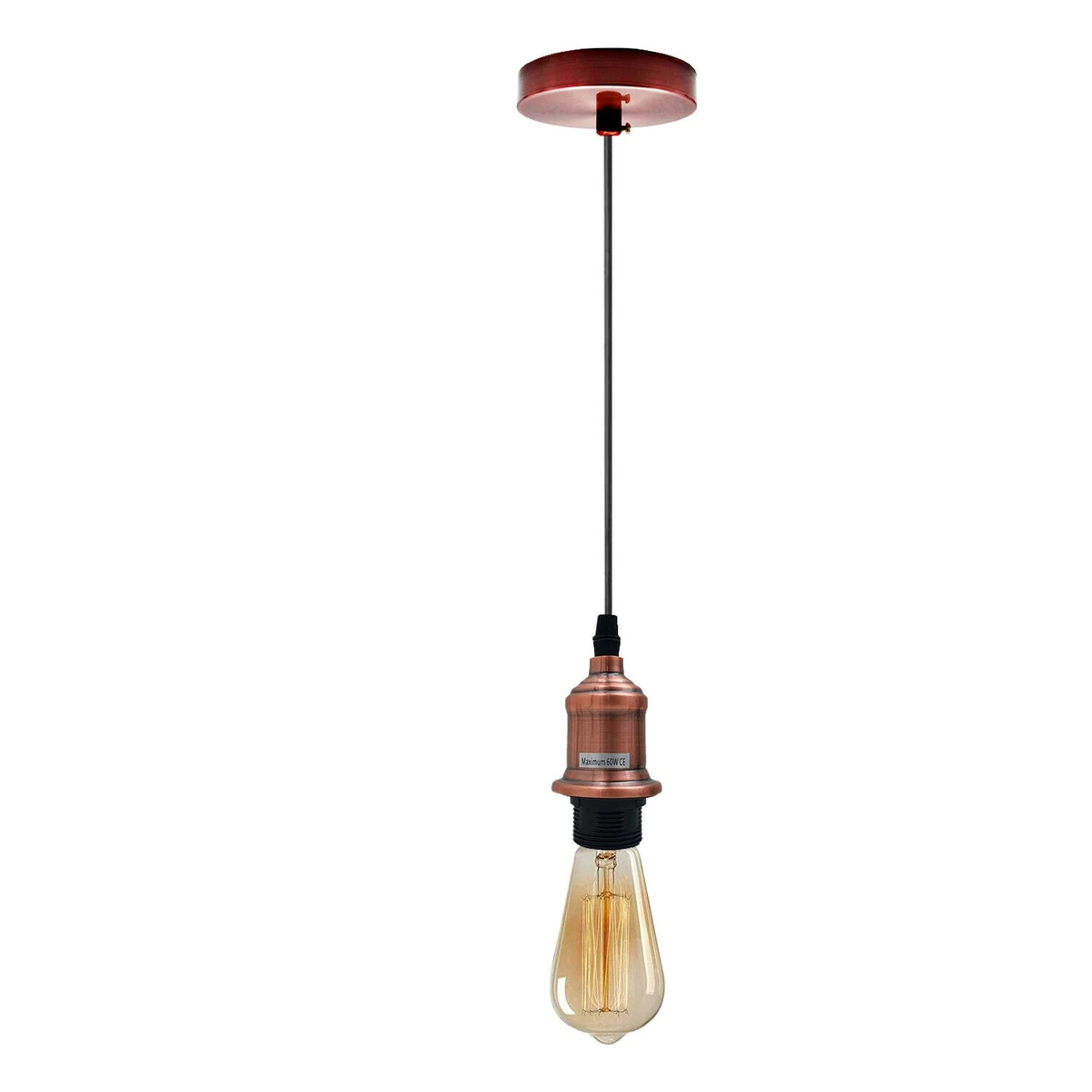 Vintage pendant light with polished rustic E27 bulb holder and black cord hanging from ceiling rose accessory