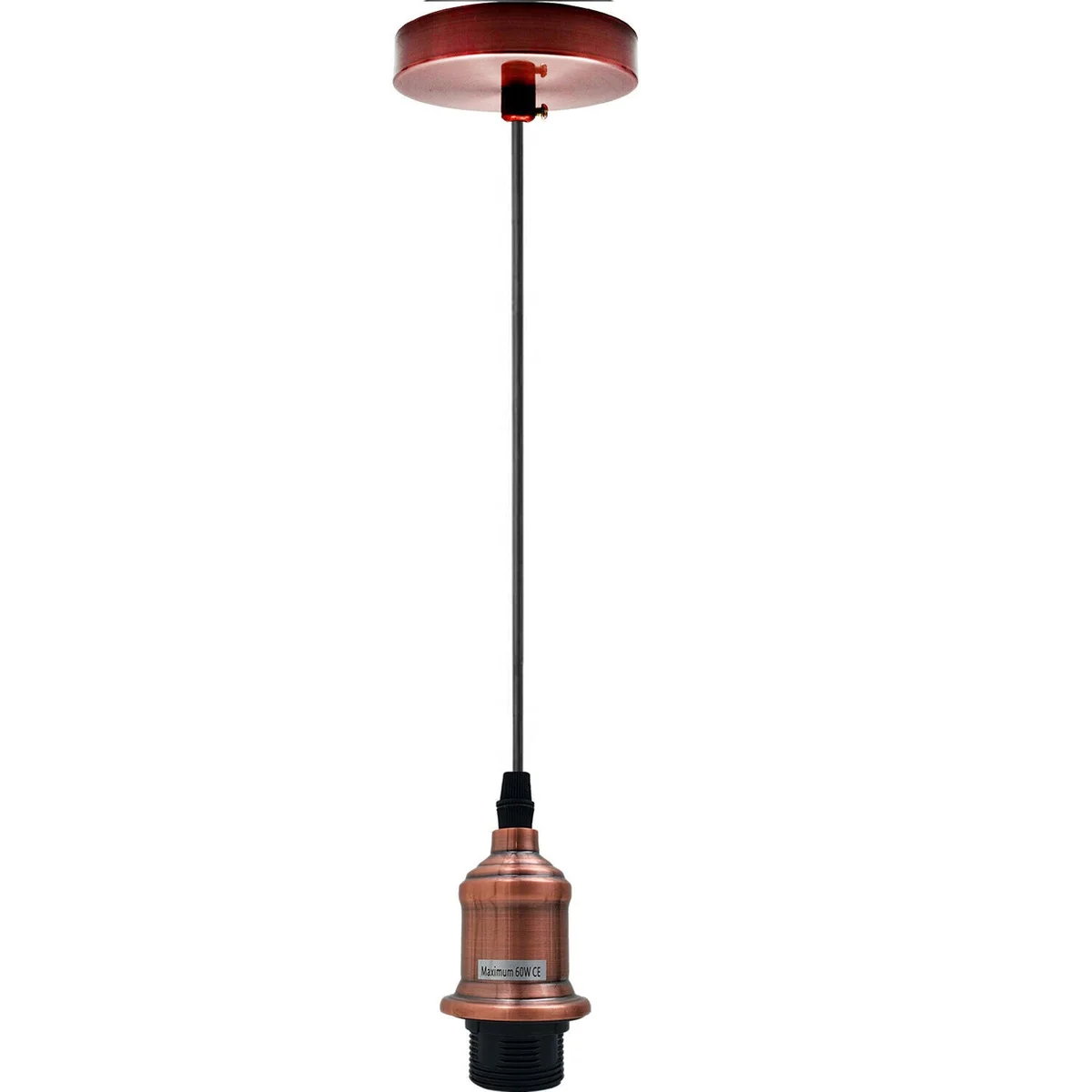 Vintage pendant light with polished E27 bulb holder, black cord, and ceiling rose for industrial style lighting setup