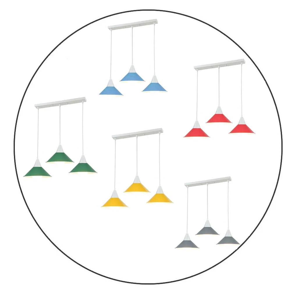 Black 3 head pendant light with metal and PVC shades hanging from ceiling plate, adjustable cables included