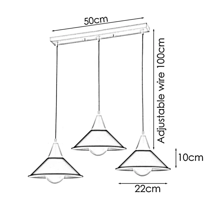 Black 3 head adjustable ceiling pendant lamp with metal and PVC shades hanging from ceiling plate